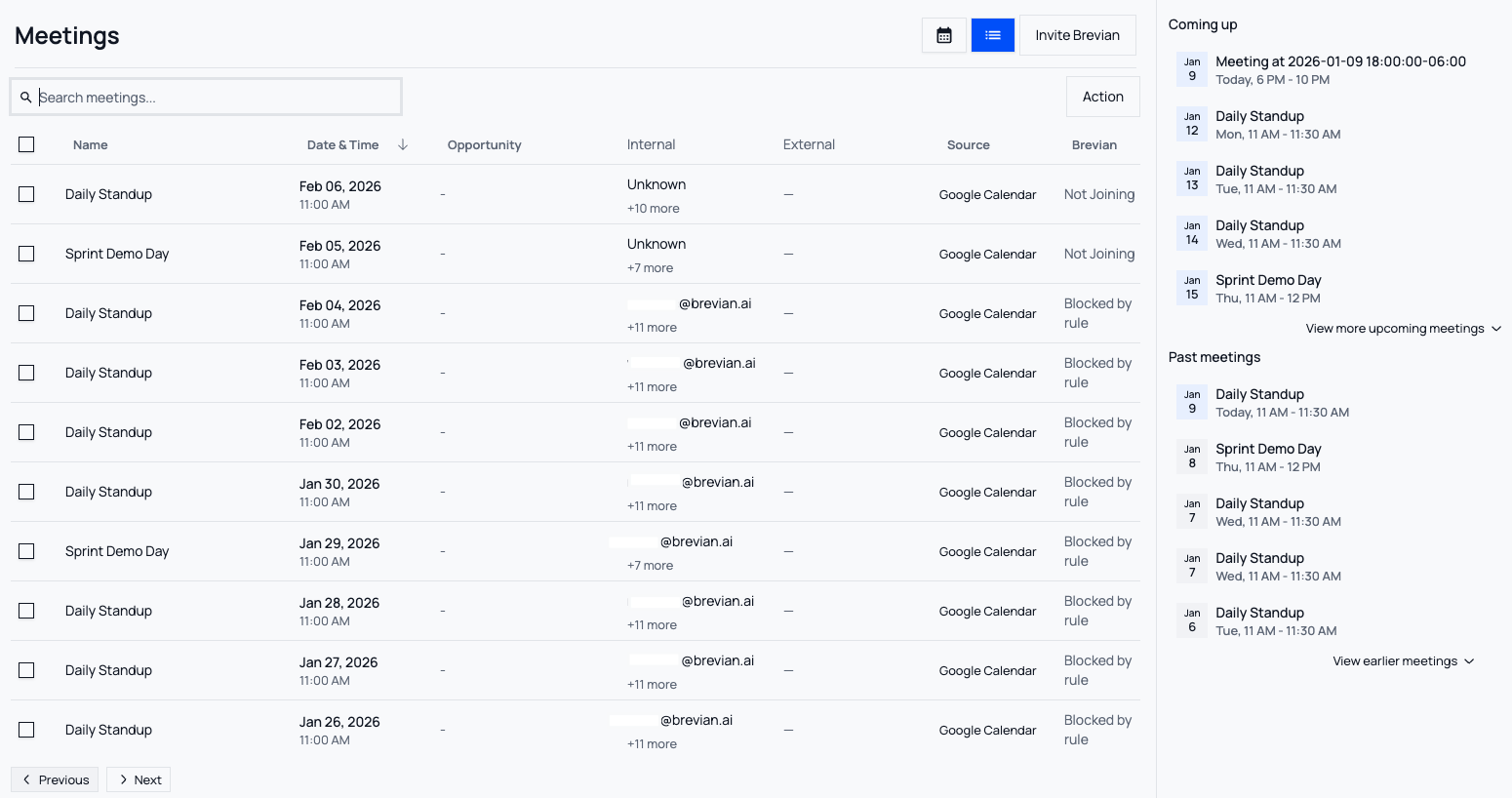 Table view of meetings